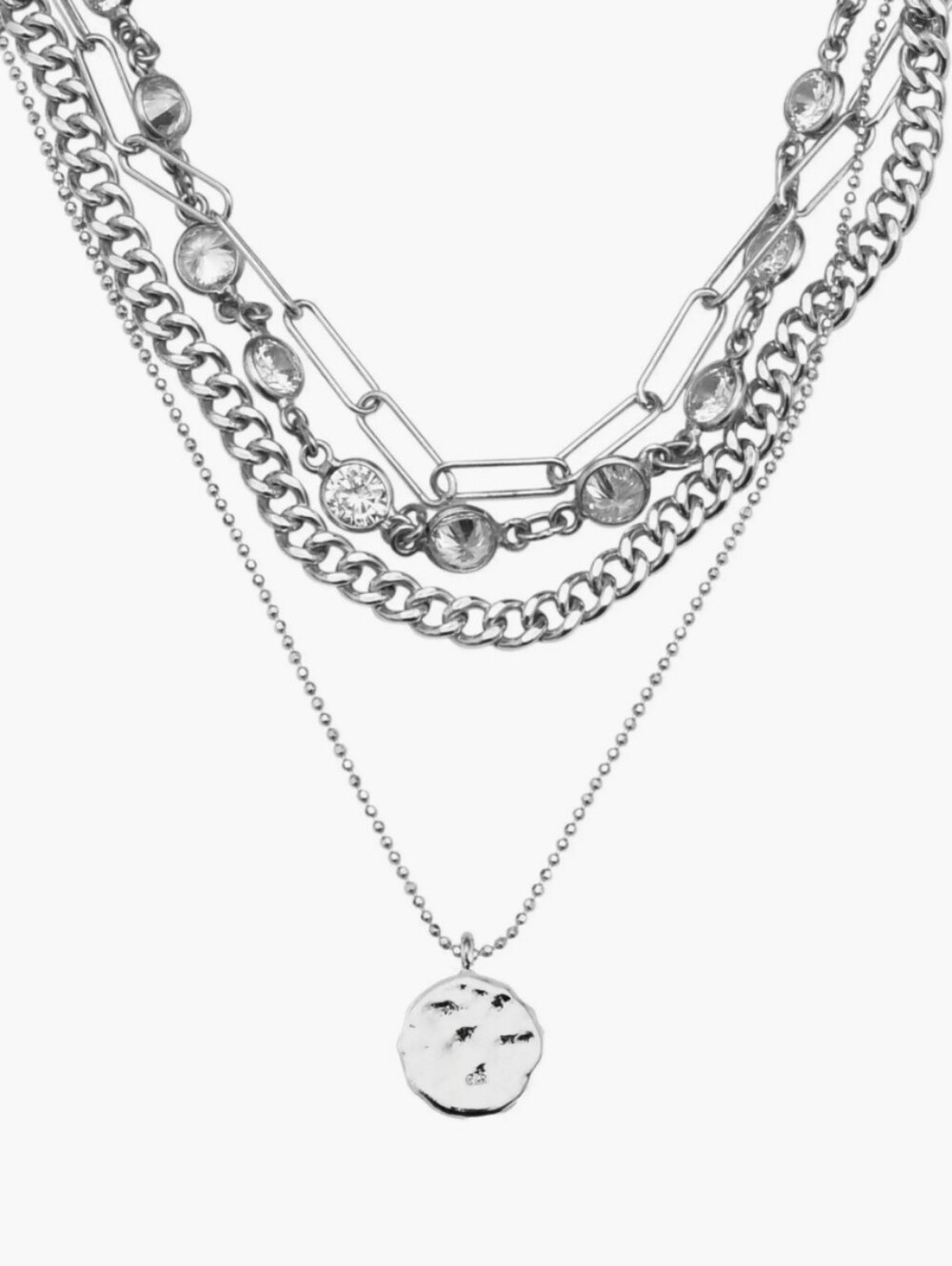 ADORNIA Multi-Layer Silver Pendant Necklace with Mixed Chains/ BNWT